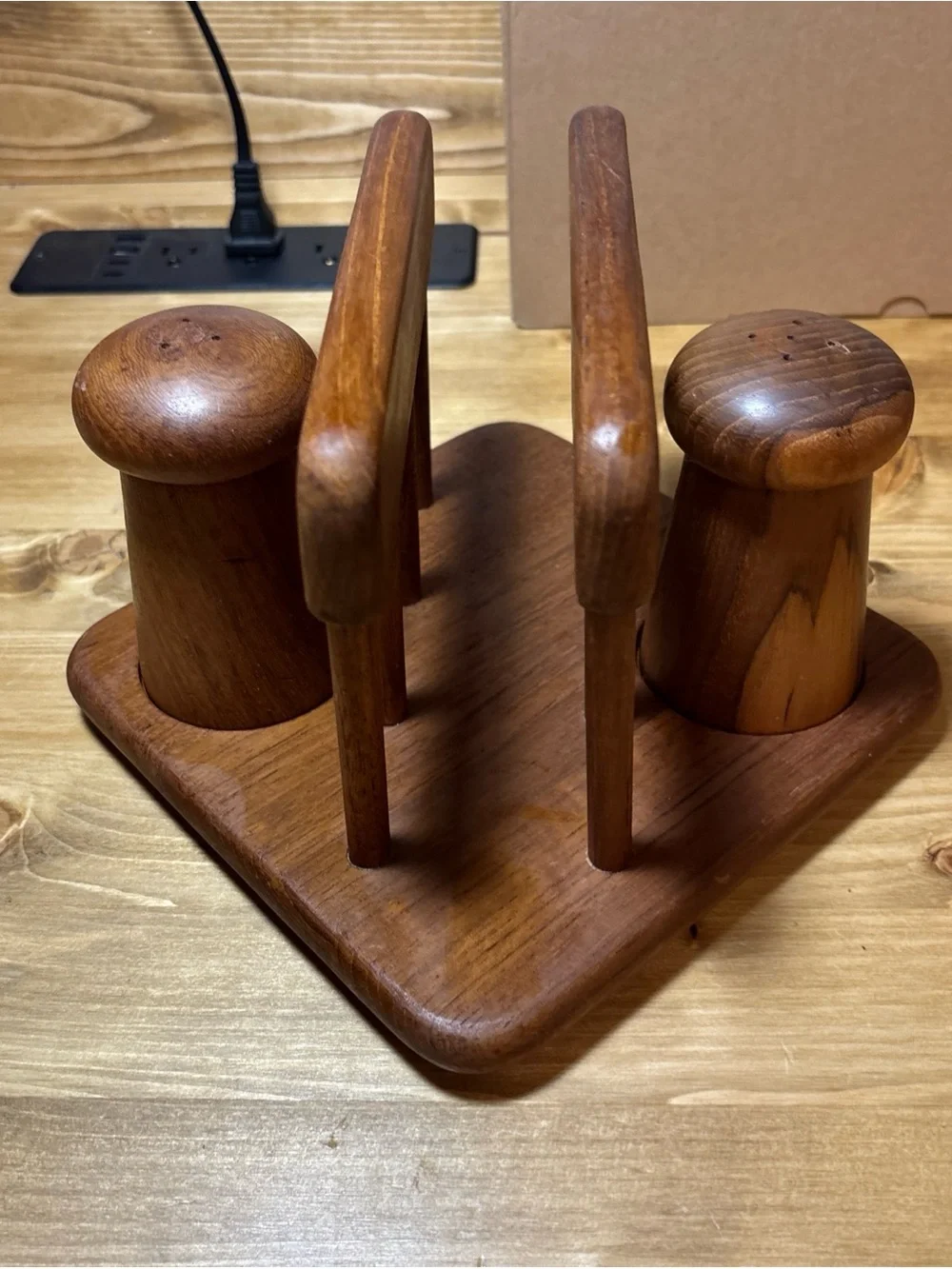 Vintage Teak Napkin Holder with Salt Shaker & Pepper Mill